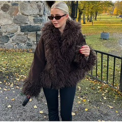 Faux Fur Plush Lapel Brown Jacket