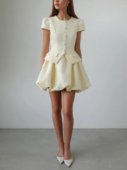Beige Tweed Short Sleeve Top And Puff Mini Skirt Set