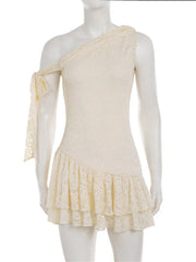 Beige Ruffled Lace One-Shoulder Tie-Up Mini Dress