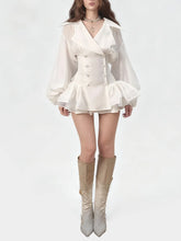 White Long Sleeve Mesh Ruffles Double Breasted Mini Dress