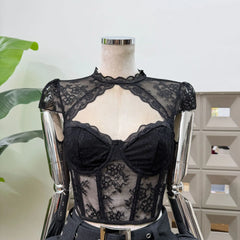 Lace Sheer Corset Crop Top And Wide Belt Bubble Hem Skirt Set