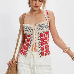 Floral Printed Patchwork Front Tie Trim Top