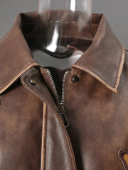 Brown Embroidery Butterfly Faux Leather Bomber Jacket