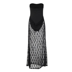 Black Lace Sheer Patchwork Tube Bodysuit Maxi Dress