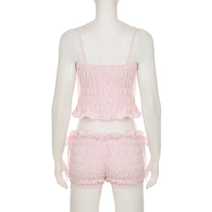 Pink Bowknot Ruched Strap Top And Shorts Set