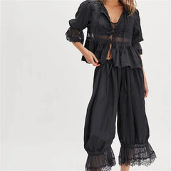 Lace Trim Bow Tie Front Short Sleeve Shirts And Ruffle Flared Lantern Pants Loungewear Set