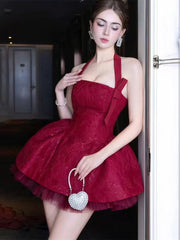 Red Jacquard Puffy Halter Mini Dress