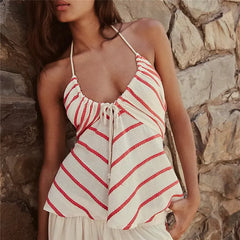 Striped Drawstring Halter Tie Up Top