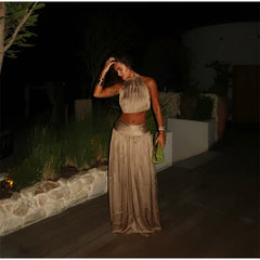 Gold Halter Open Back Crop Top And Maxi Skirt Set