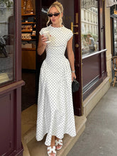 White Polka Dot High Neck Short Sleeve Long Dress
