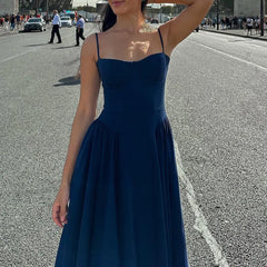 Solid Spaghetti Strap Bustier Pleated Midi Dress