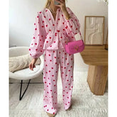 Heart Print Long Sleeve Button Down Babydoll Shirt with Pants Loungewear Set
