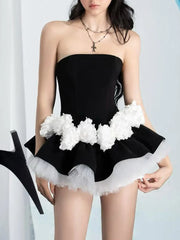 Black Frill 3d Flower Waist Desgin Strapless Blommers Layer Mini Dress