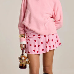 Pleated Heart Printed Mini Skirt