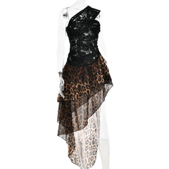 Lace One Shoulder Leopard Print Ruffle Asymmetrical Hem Midi Dress