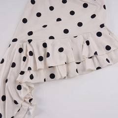 White Polka Dot Asymmetrical Ruffle Hem Spaghetti Strap Midi Dress