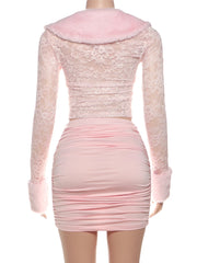 Furry Jacquard Patchwork Hook Buckle Crop Top And Mini Skirt Set