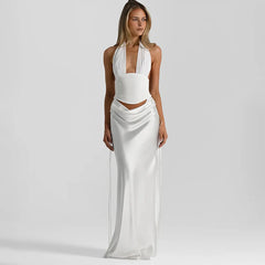 Halter Deep V Neck Top And Maxi Skirt Satin Ruched Set