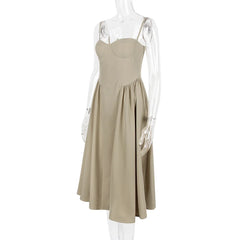 Solid Spaghetti Strap Bustier Pleated Midi Dress