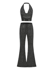 Black Rhinestone Cowl Neck Crop Tie Up Top And Wide Leg Pants Set