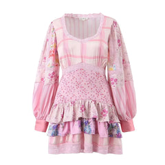 Pink Long Sleeve Floral Patchwork Tiered Mini Dress