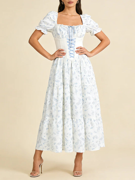 Blue Printed Corset Lace Up Puff Sleeve Maxi Dress
