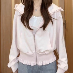 Pink Hooded Frill Hem Zipper Crop Sweatshirt