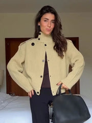 Turtleneck Knitted Stripe Textured Short Cardigan