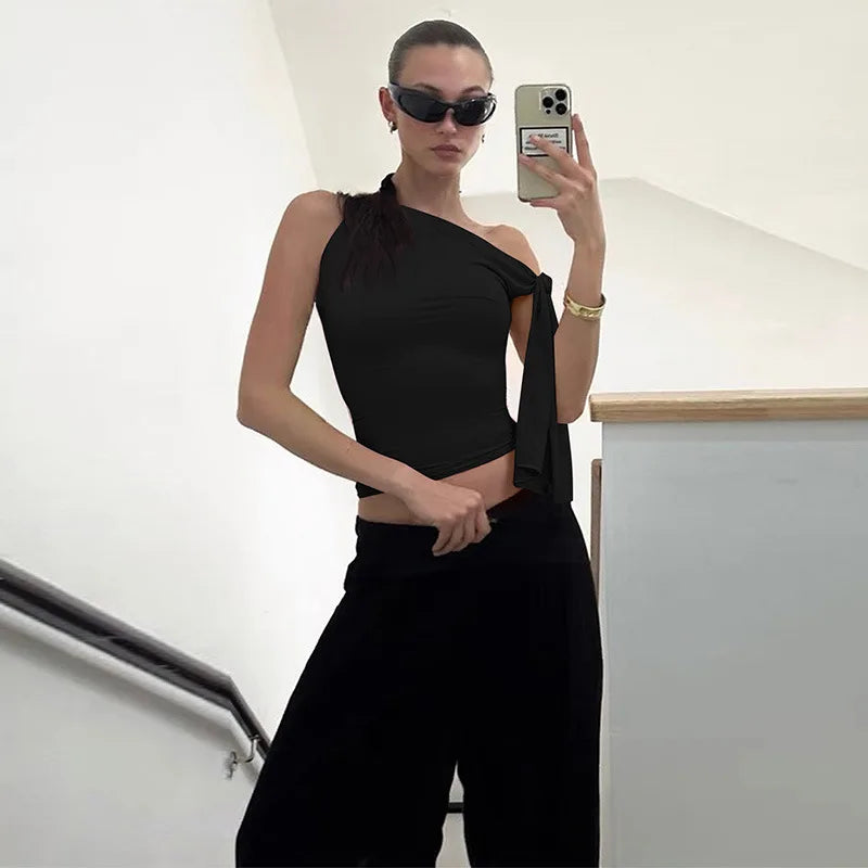 Women's off-shoulder tie-up tank top with backless detail.