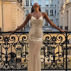 Metallic Spaghetti Strap Mesh Mermaid Maxi Dress