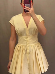 Cap Sleeve Buttoned Pleated Mini Dress