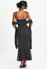Black Polka Dot Sweetheart Neck Spaghetti Strap Scarf Maxi Dress