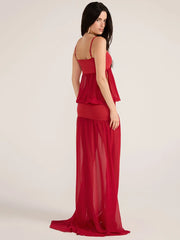 Red Mesh Puff Waist Sleeveless Maxi Dress