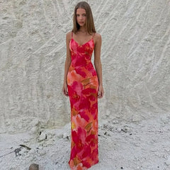 Floral Print Deep V Neck Sleeveless Maxi Dress
