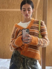 Striped Fuzzy V-Neck Knit Cardigan