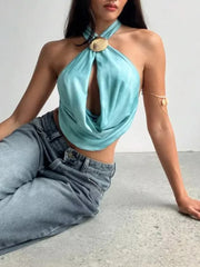 Blue Halter Shell Cowl Crop Top