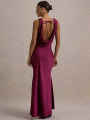 Satin Cowl Neck Backless Maxi Dress