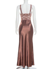 Brown Lace Patchwork Satin Strap Maxi Dress