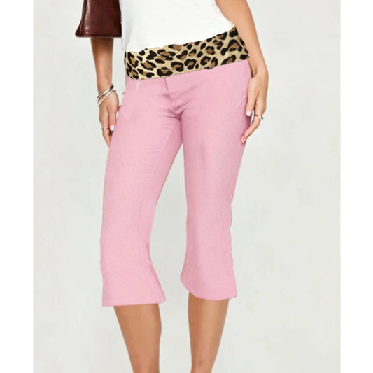 Leopard Print Fold Over Waistband Capri Pants