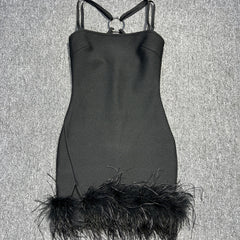 Black Fur Trim Strappy Desgin Mini Dress