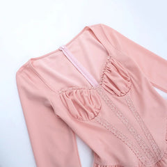 Pink Long Sleeve Pleated Ruched Corset Style Mini Dress
