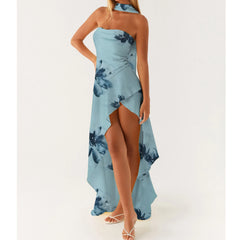 Strapless Printed Ruffles Midi Dress with Scarf