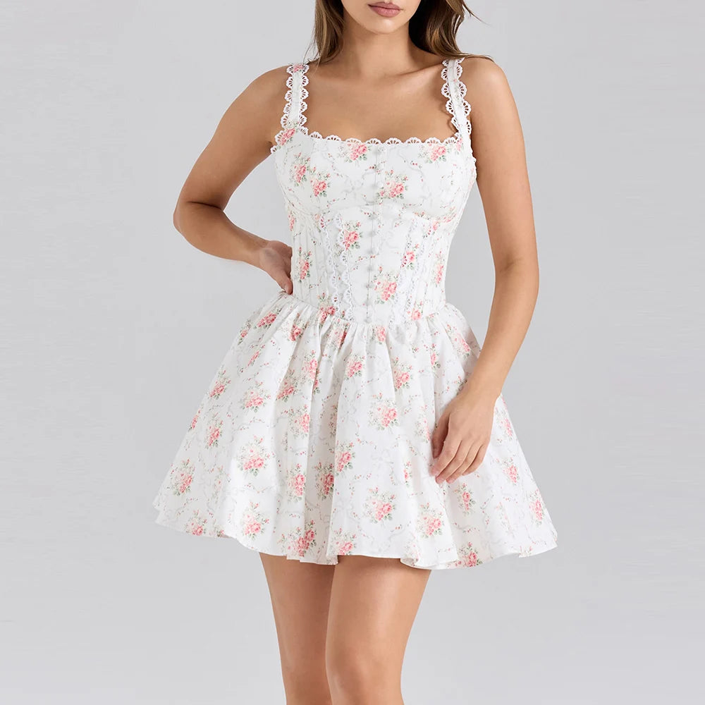 Women's white floral print back tie flare mini dress with turn-down collar and full sleeves.
