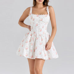 Women's white floral print back tie flare mini dress with turn-down collar and full sleeves.