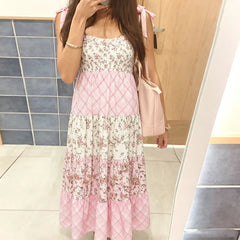 Pink Floral Plaid Tie-Shoulder Smocked Tiered Maxi Dress