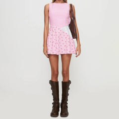 Pink Open Back Tank Plaid Floral Print Mini Dress