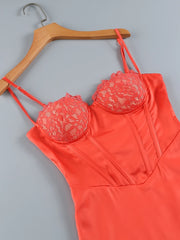 Corset Irregular Ruffle Hem Spaghetti Straps Satin Midi Dress