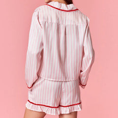 Striped Satin Bow Tie Long Sleeve Shirt And Ruffled Shorts Pajama Set