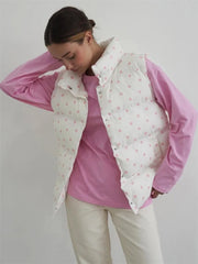 Floral Open Stitch Printed Puffer Vest