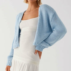 Knitted Short Lantern Sleeve Open Front Cardigan